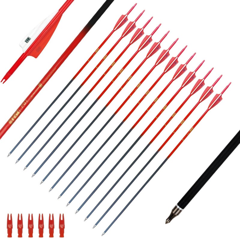 PG1ARCHERY 30Inch Carbon Arrows for Hunting Archery Removable Tips Spine 400 with 3“ Vanes Suit for Compound & Recurve Bow (Pack of 12) - Image 1